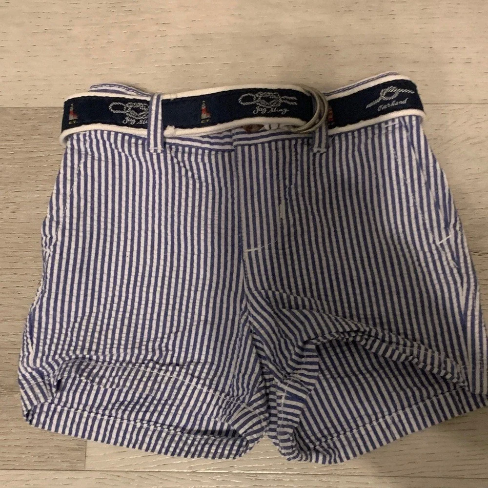 Ralph Lauren Kids Blue White Seersucker Nautical Belted Shorts 9M Preppy Coastal